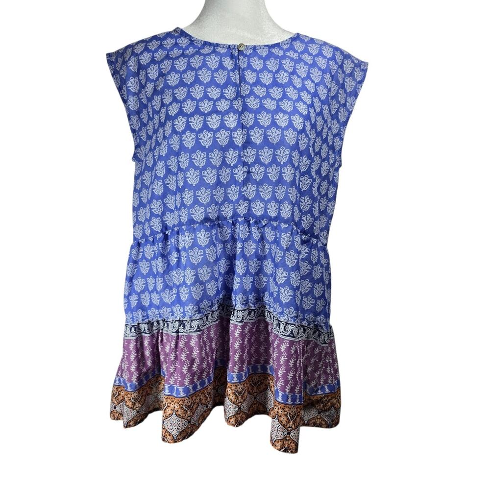 BeachLunchLounge Goa at Sunset Top Small Blue Block Print Cotton Boho Peplum